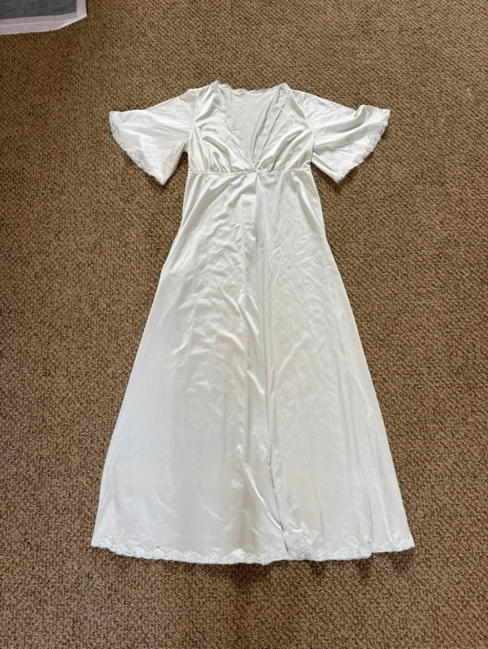 vintage light pale blue satin slip dress with lace trim